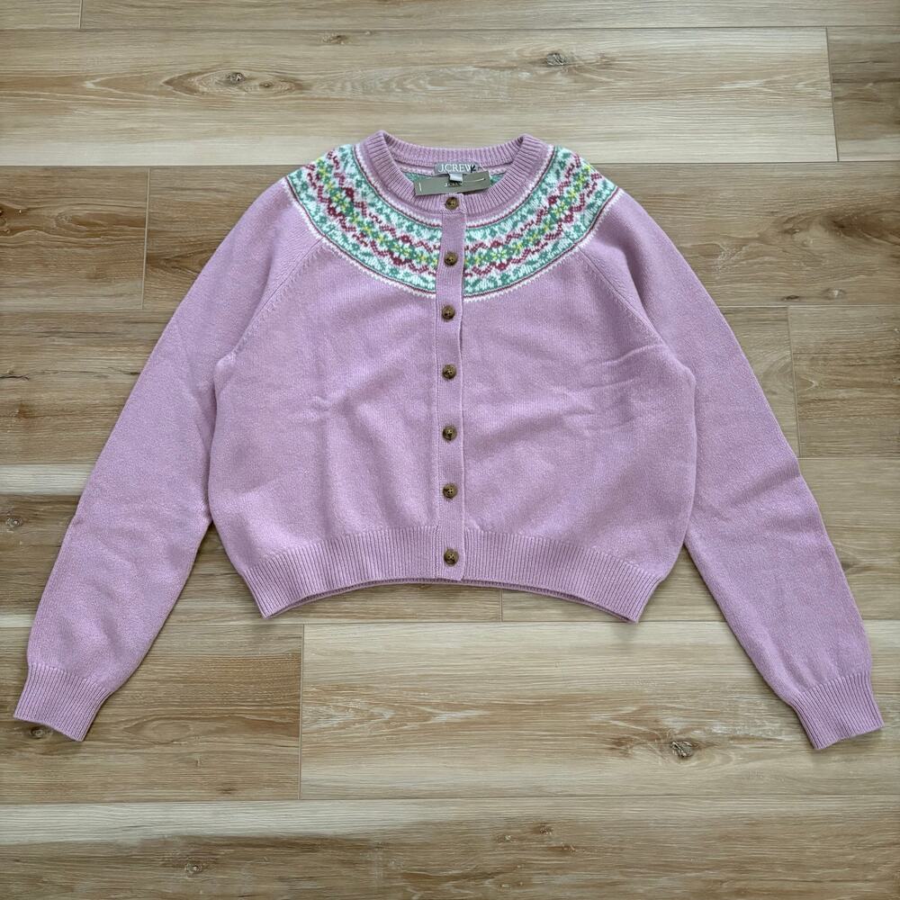 J. Crew Classic Fair Isle Cardigan Lambswool Pink M